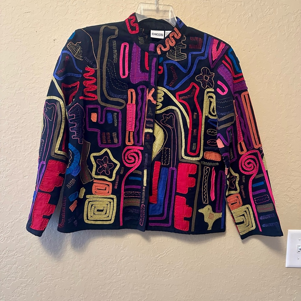 Patchwork Chico's Black Cotton Multi Embroidered … - image 7